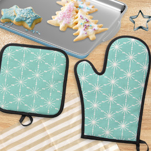 Set De Manoplas Patrón festivo de copos de nieve de invierno Aqua 