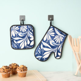 Set De Manoplas Patrón floral acuarela botánica azul