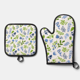 Set De Manoplas Patrón floral azul y verde