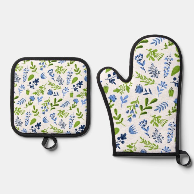 Set De Manoplas Patrón floral azul y verde (Anverso)