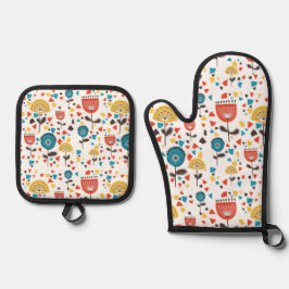 Set De Manoplas Patrón floral colorido moderno de mediados de sigl