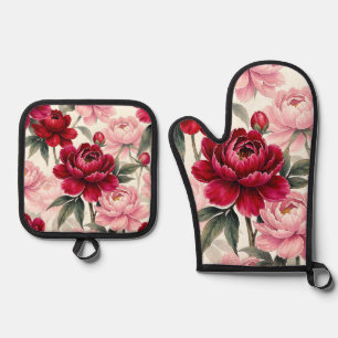 Set De Manoplas Patrón Floral de Acuarela de Peonía Roja y Rosa Pr