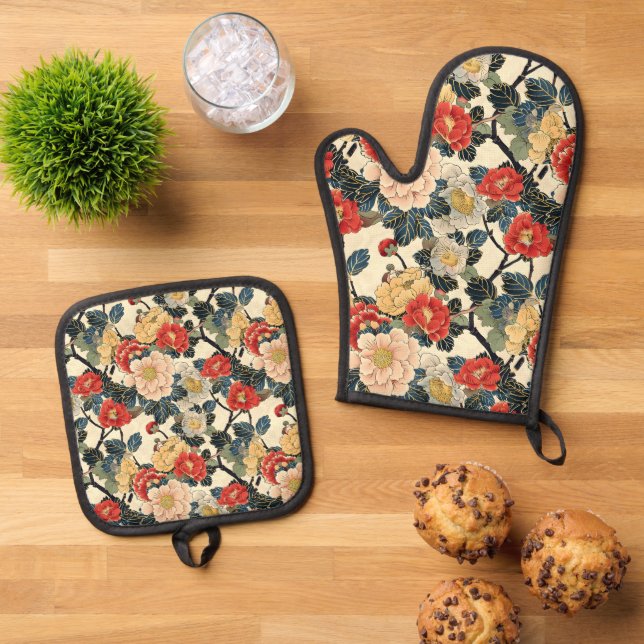 Set De Manoplas Patrón floral de arte Ukiyo-E japonés (De arriba hacia abajo)