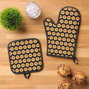 Set De Manoplas Patrón floral de Dahlia amarillo en negro