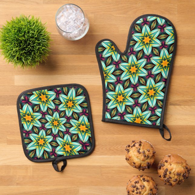 Set De Manoplas Patrón floral de estrellas verdes (De arriba hacia abajo)