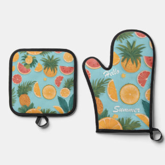 Set De Manoplas Patrón floral de frutas exóticas. Hola verano.