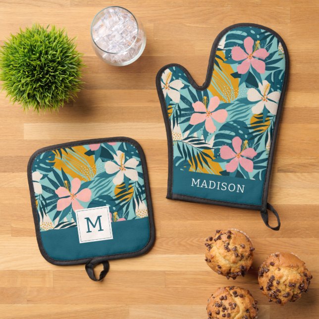 Set De Manoplas Patrón floral de Hibiscus tropical (De arriba hacia abajo)