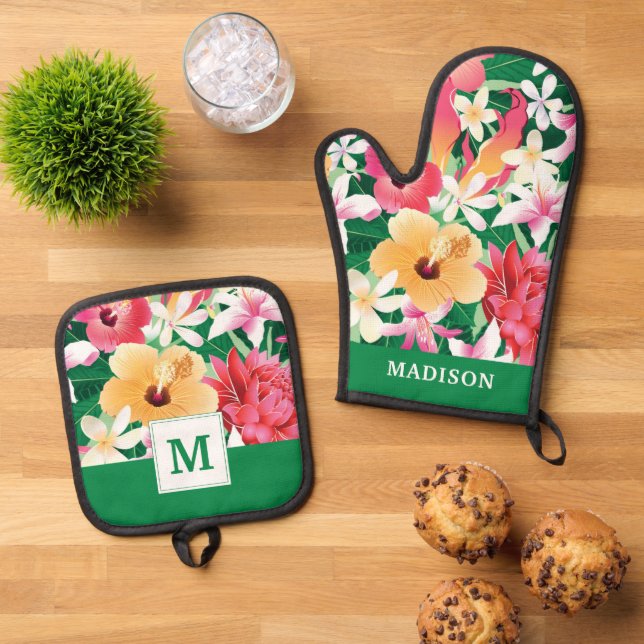 Set De Manoplas Patrón floral de Hibiscus tropical (De arriba hacia abajo)