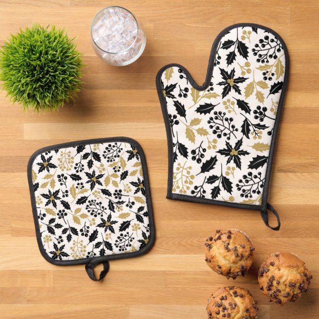 Set De Manoplas Patrón floral de oro negro festivo (De arriba hacia abajo)