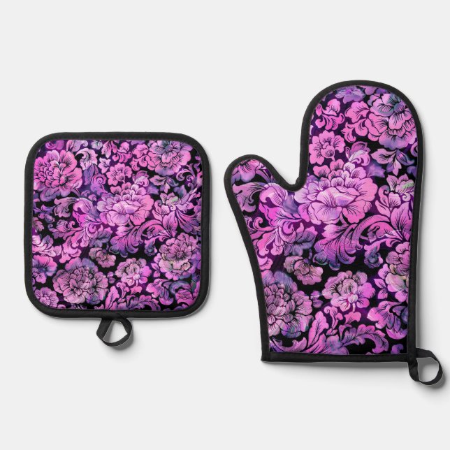 Set De Manoplas Patrón floral en rosa caliente (Anverso)