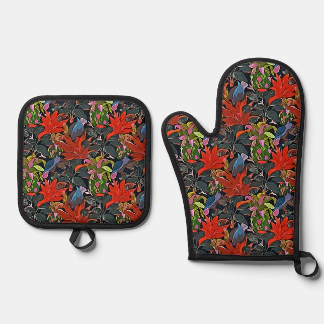 Set De Manoplas Patrón floral flores follaje rojo rosa verde azul (Anverso)
