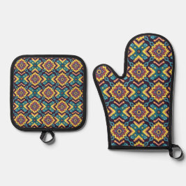 Set De Manoplas Patrón floral geométrico azteca vibrante