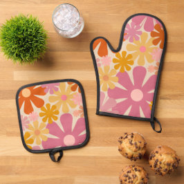 Set De Manoplas Patrón floral Groovy de los años 70 retro