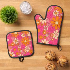 Set De Manoplas Patrón floral Groovy Hot Pink de los años 70 retro