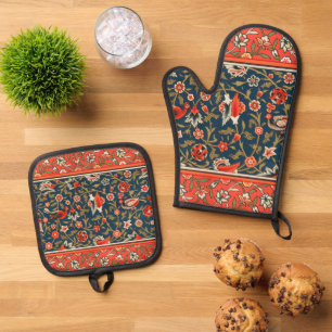Set De Manoplas Patrón floral indo-persa bohemio vintage rojo