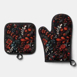 Set De Manoplas Patrón floral intrincado con horno de oro y blanco