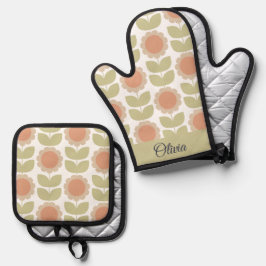Set De Manoplas Patrón Floral Retro de Color Rosa Pastel de Mitad 