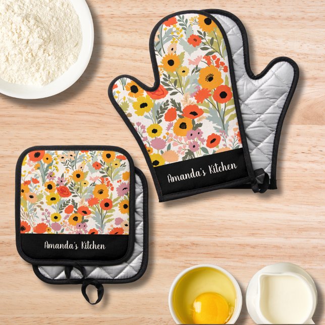 Set De Manoplas Patrón floral retro Nombre personalizado Cocina (Subido por el creador)