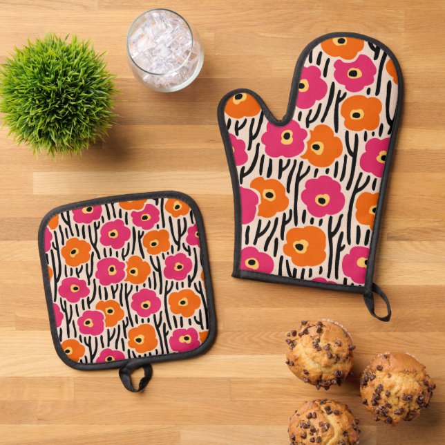 Set De Manoplas Patrón floral Rosa caliente y Naranja (De arriba hacia abajo)