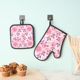 Set De Manoplas Patrón floral rosa con flores elegantes
