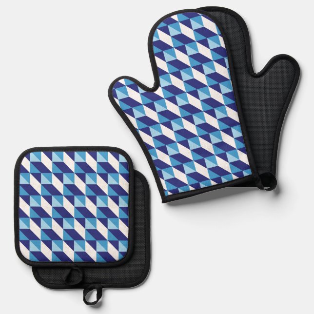 Set De Manoplas Patrón geométrico abstracto retro de tonos azules (Anverso/Reverso)