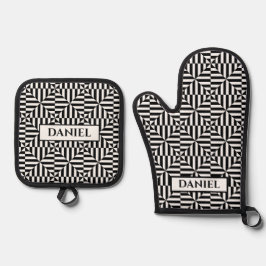 Set De Manoplas Patrón geométrico blanco y negro con nombre person