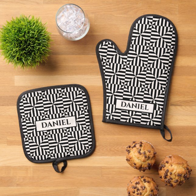 Set De Manoplas Patrón geométrico blanco y negro con nombre person (De arriba hacia abajo)
