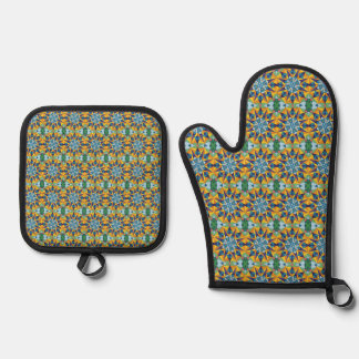 Set De Manoplas Patrón geométrico fractal azul y amarillo