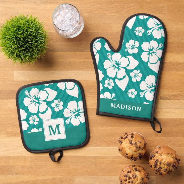Set De Manoplas Patrón hawaiano de flores hibiscus (De arriba hacia abajo)