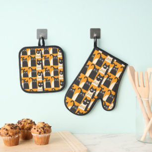 Set De Manoplas Patrón Retro de Gato Negro Amarillo