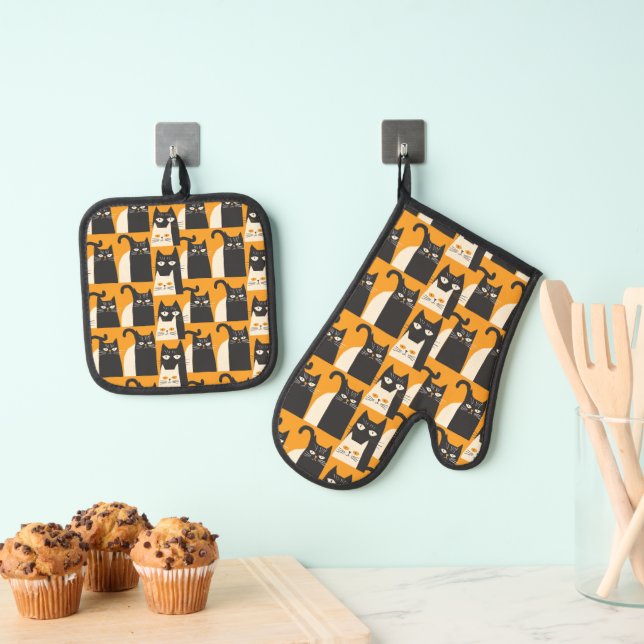 Set De Manoplas Patrón Retro de Gato Negro Amarillo (Insitu (colgante))