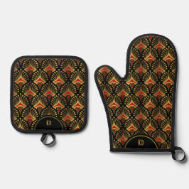 Set De Manoplas Patrón rojo dorado Art Deco sobre negro