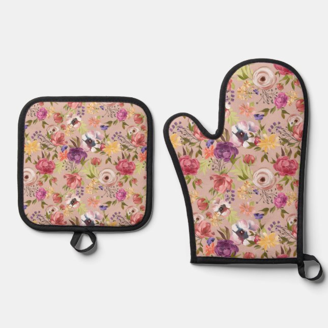 Set De Manoplas Patrón rosa floral de flores (Anverso)