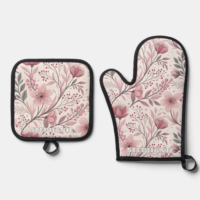 Set De Manoplas Patrón Sakura de flores de cerezo rosa en blanco ( (Anverso)