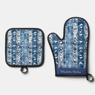 Set De Manoplas Patrón Sashiko azul y blanco