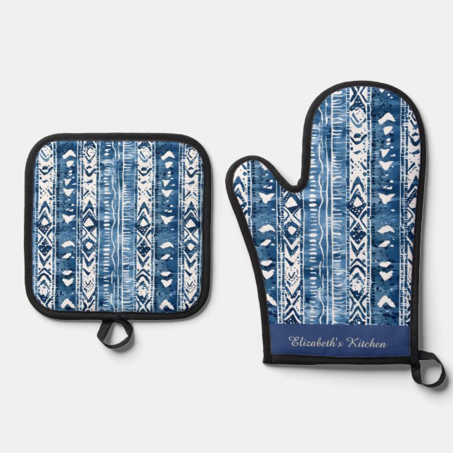 Set De Manoplas Patrón Sashiko azul y blanco (Anverso)