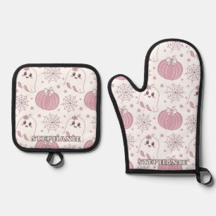 Set De Manoplas Patrón sin foco de Halloween rosa pastel (3)