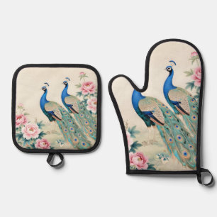 Set De Manoplas Pavos Reales Elegantes Peonías Rosadas Asiáticos