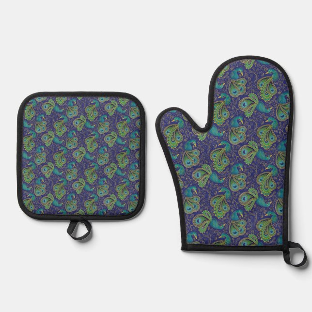 Set De Manoplas Peacock Paisley Pattern Blue (Anverso)