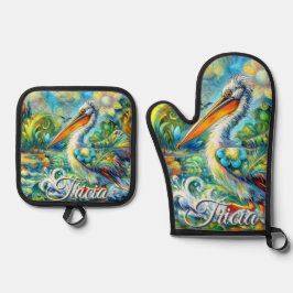 Set De Manoplas Pelican Bird in Wonderland Floral Personalized