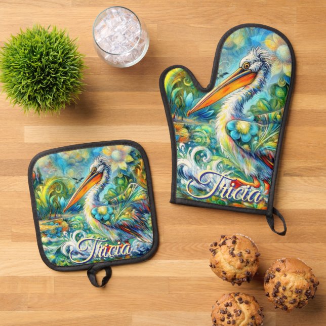 Set De Manoplas Pelican Bird in Wonderland Floral Personalized (De arriba hacia abajo)