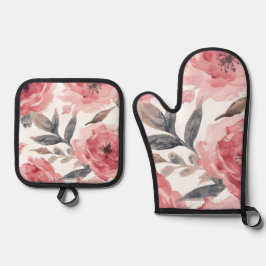 Set De Manoplas Peonías rosadas acuarela floral botánico pintado