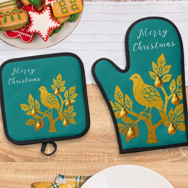 Set De Manoplas Perdiz En Un Tejo De Oro Verde Navidad (A festive oven mitt with matching pot holder, featuring a faux gold partridge in a pear tree design)