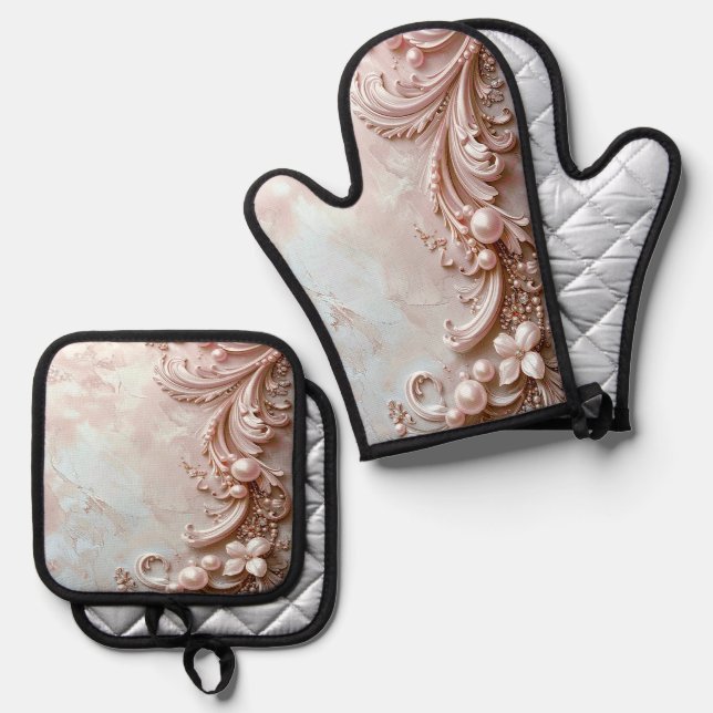 Set De Manoplas Perla y Floral Ornata Rosa (Anverso/Reverso)