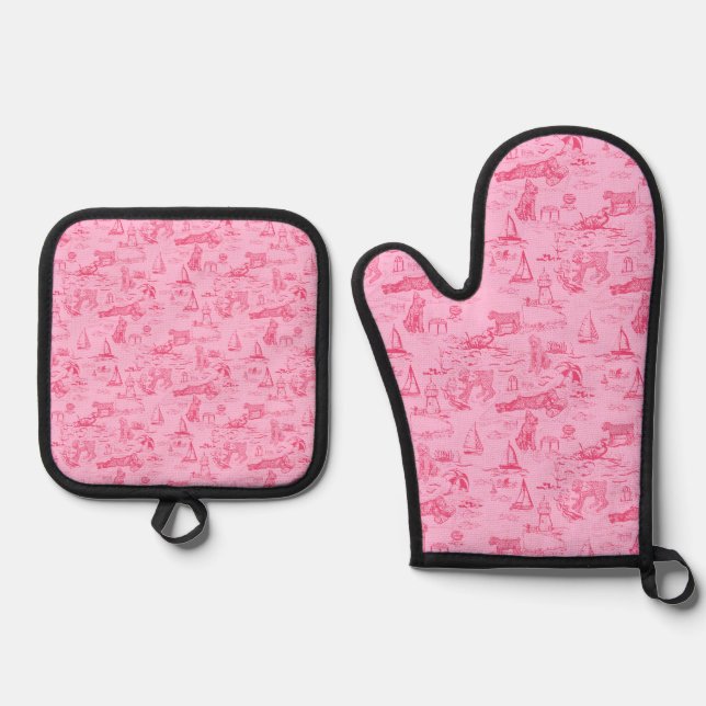 Set De Manoplas Perro Marino Toile Rosa  (Anverso)