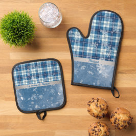 Set De Manoplas Personaliza Elegante Cuadriculado Azul