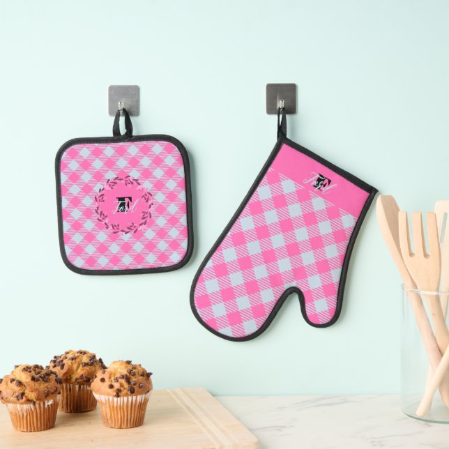 Set De Manoplas personalizable de Gingham: "Azul Brillante, Rosa C (Insitu (colgante))