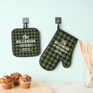 Set De Manoplas Personalizado Black Green Buffalo Lumberjack Plaid
