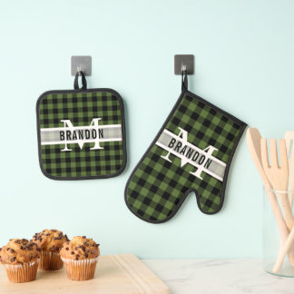 Set De Manoplas Personalizado Black Green Buffalo Lumberjack Plaid