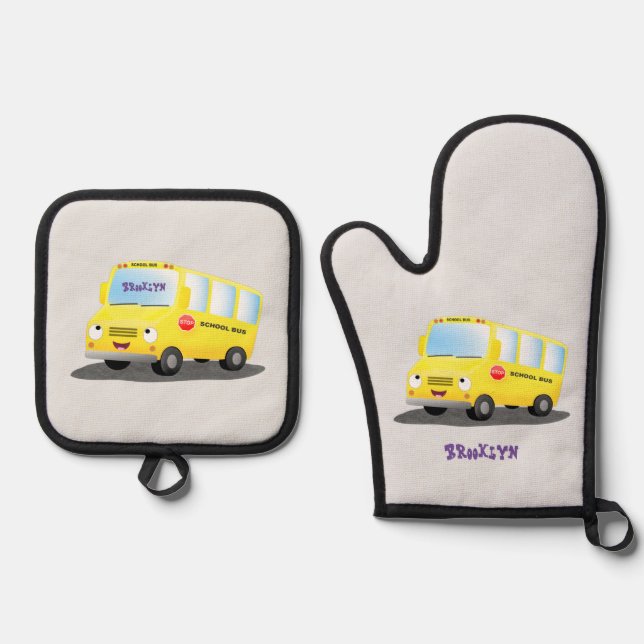 Set De Manoplas Personalizado de autobús escolar alegre y amarillo (Anverso)